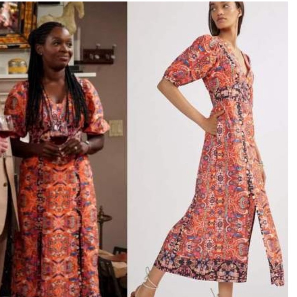 Anthropologie Floral Maxi Dress Boho Deep V Neck Abstract Motif Summer Vacation